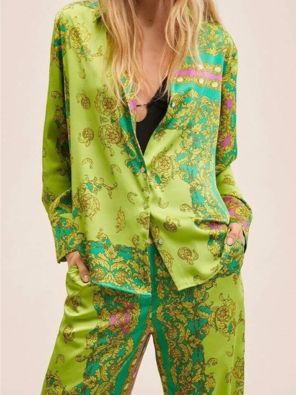 Mango Green Multicolored Baroque Print Satin Pant Set, Size 2, NWT - Picture 2 of 16